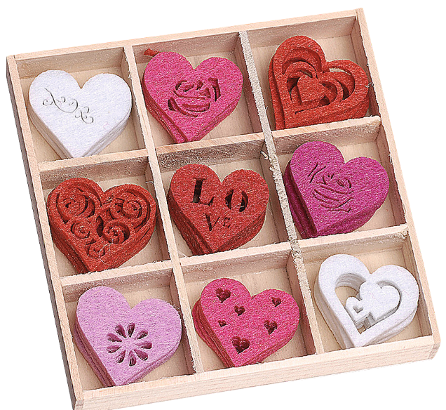 Felt ornament box, heart 30mm, 45 pcs